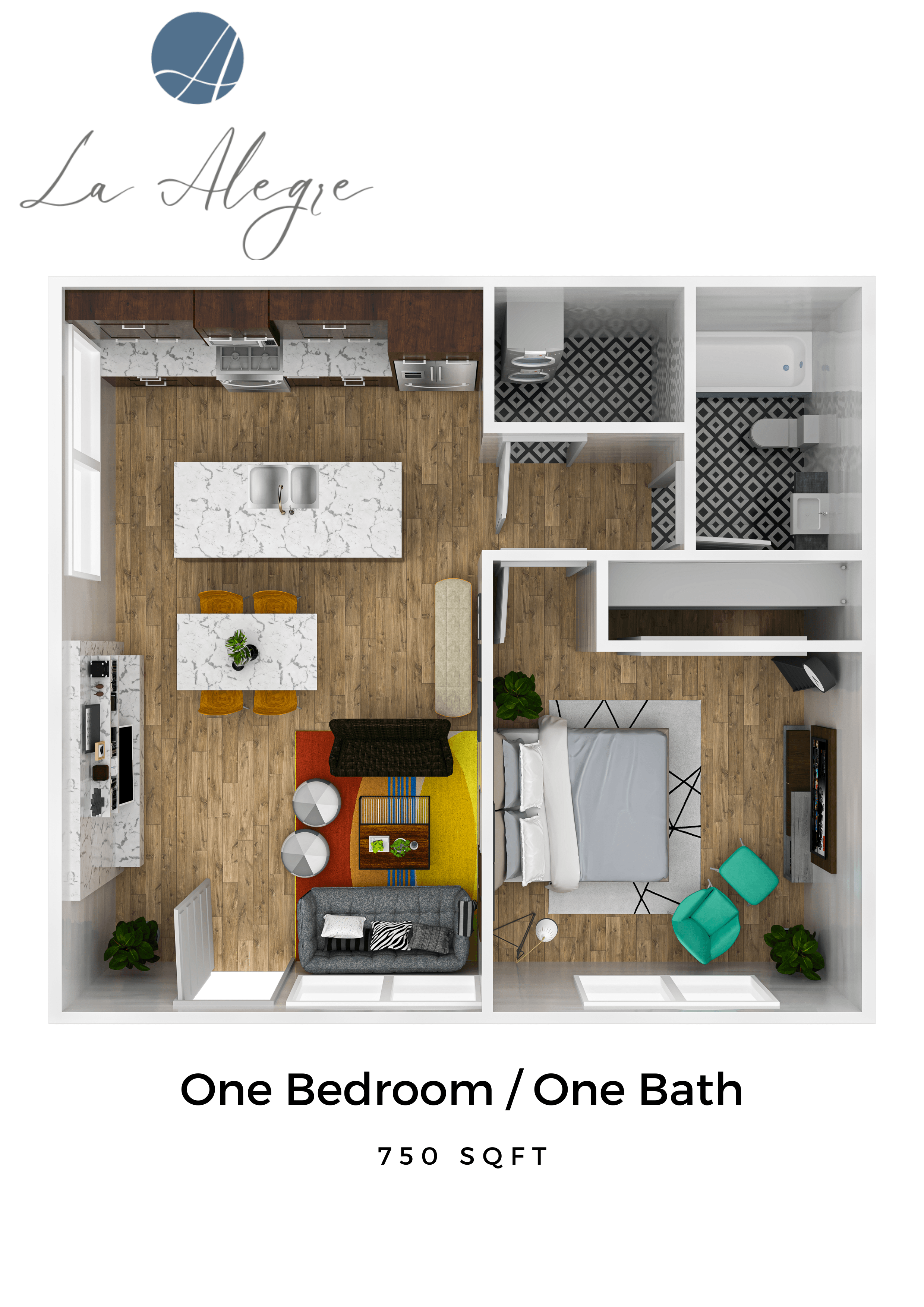 Floor plan for 1 bed, 1 bath, 750 sqft